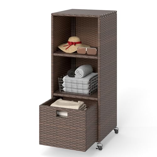 RELAX4LIFE Wicker Outdoor Storage Cabinet - Rattan Pool Towel Rack on Wheels w/Shelves and Drawer, Tall Patio Furniture Outside Caddy Organizer for Porch Deck, Garden Tool & Hot Tub Accessory Storage