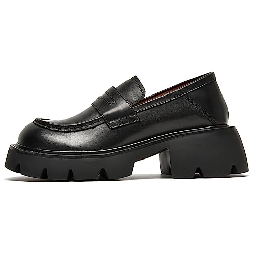 Image of BEAU TODAY Chunky Loafers Women Platform Penny Leather Lug Shoes