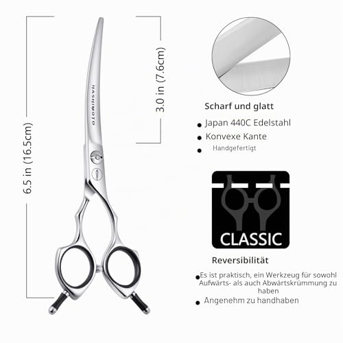 HASHIMOTO Hundepflegeschere, gebogene Schere für die Hundepflege, 6,5 Zoll, 30 Grad gebogene Klinge, leichtes Gewicht, Haustierschere zum Trimmen von Gesicht und Pfoten.
