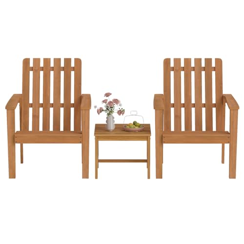 HAPPYGRILL Adirondack Chair Set of 2 with Side Table, Outdoor Patio Chairs with Built-in Backrests and Armrests, Acacia Wood Fire Pit Seating for Deck Garden Porch
