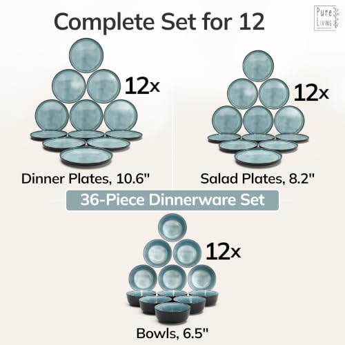 Image of 36 Piece Stoneware Dinnerware Set for 12, Handmade Plates and Bowls Set | Reactive Glaze Coating, Dishwasher & Microwave Safe Dish Set, Chip & Scratch Resistant Dishware Set, Ibiza Petrol Blue
