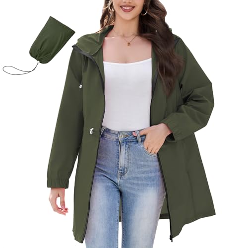 American Trends Chubasquero impermeable para mujer, impermeable y plegable, abrigo largo para la lluvia y cortavientos, Verde militar, Medium
