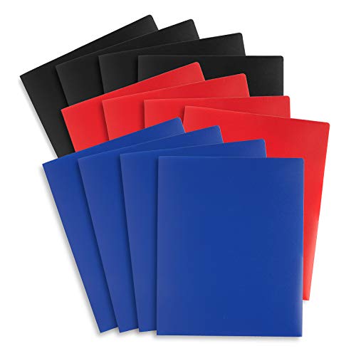 Blue Summit Supplies Plastic Two Pocket Folders, Reinforced Corners, Durable 2 Pocket Folder With Corner Flaps Inside To Hold Papers In Place, Bold, Colors, Red, Blue, And Black, 12 Pack #TOP24
