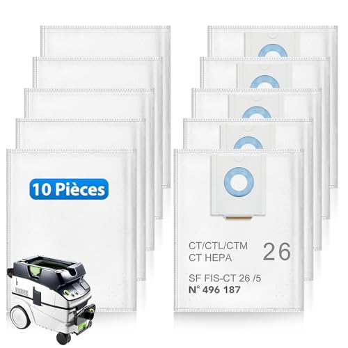 ZQZiQi 10 Sac filtrants compatible avec Festool CT 26 / CTM 26 E/CTL 26 E Aspirateur, 496187 Sac Aspirateur pour Festool SC FIS-CT 26/5, Jetables et Grande Capacité