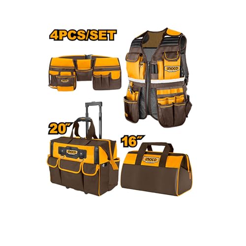 Image of INGCO 4 Pcs Tools Bag Set, 1680D Polyester Oxford - Includes 16 inch Tool Bag, Tool Pouch, Tool Vest & Rolling Rigid Tool Bag for DIY, Professional Construction & Auto Repair
