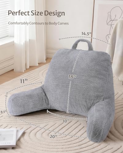 Image of Blissful Diary Plush Velvet Reading Pillow for Kids /Teens /Adults, Back Rest Pillow for Sitting Up in Bed with Shredded Memory Foam, Includes Arms and Washable Cover, Light Gray
