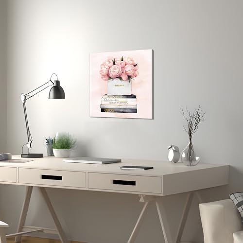Image of cozy country Chanel-Inspired Canvas Wall Art - 20x20 Inches Luxury Fashion Artwork Print, Featuring Perfume, Books & Flowers, Perfect for Bathroom & Lady's Room Decor