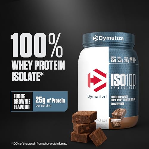 Image of Dymatize ISO100 Whey Protein Powder Isolate, Fudge Brownie, 25g of Protein, 5.5g BCAAs, Less Than 120 Cal., Gluten Free, 1g Fat, 1g Sugar, 2g Carb (20 Servings)