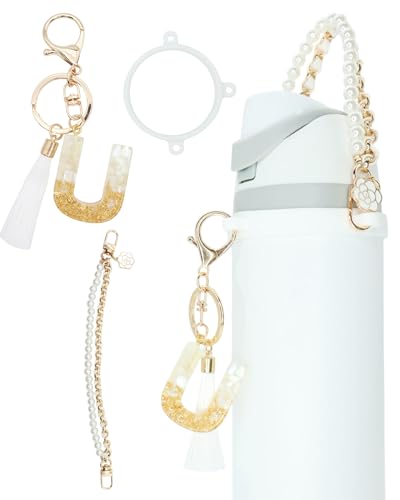 TOVICE Letter Accessories for Owala Water Bottle 24-40oz, 3PC Cute Initial Keychain & Water Bottle Handle Strap with a Thick Elastic Silicone Ring Holder (White, U)