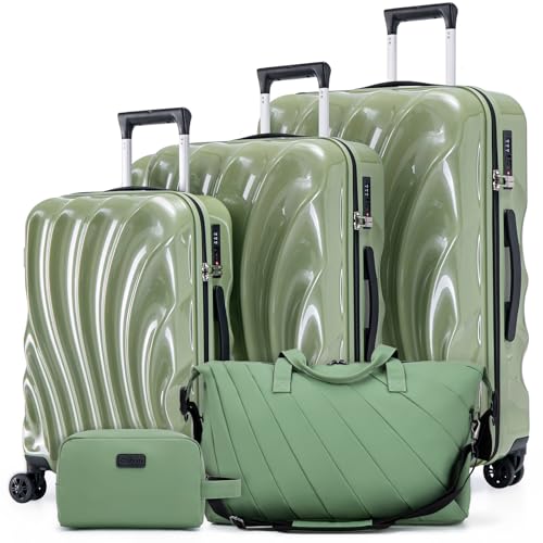 Luggage Sets 5 Piece Suitcases with Wheels, Suitcase Set, ABS+PC Hardshell Luggage set with Phone Holder Durable Travel Luggage with TSA Lock Spinner Wheels, HazeGreen