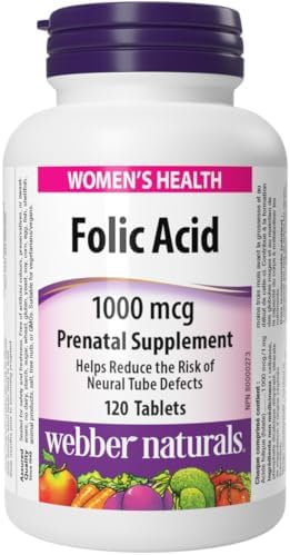 Webber Naturals Folic Acid 1000 mcg, 120 Tablets, Prenatal Nutrient, Vegan