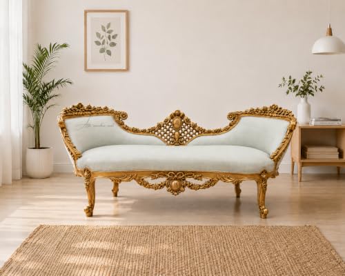 Image of Victorian Style Chaise Lounge, Tufted Cream Upholstery, Mahogany Wood Frame, Classic Living Room Furniture (Antique Gold & Light Blue)