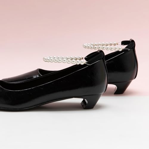 C.Paravano Chunky Low Heel Women's Square Toe Pumps Slip-On Closed Toe Low Heeled Pearl Ankle Strap Pumps Bridal Wedding Shoes3