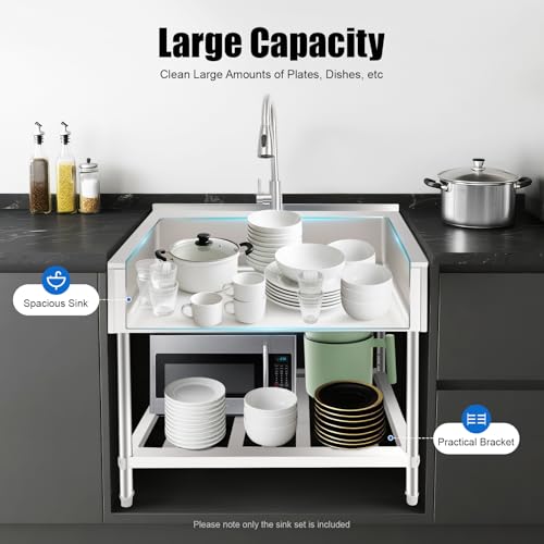 Utility Sink Stainless Steel Freestanding Large Basin Single Bowl Laundry Sink with Pull-out Faucet Commercial Kitchen Sinks with Lower Shelf for Restaurant, Garage, 35.8"W x 23.2"D x 34.3"H - Thumbnail 3