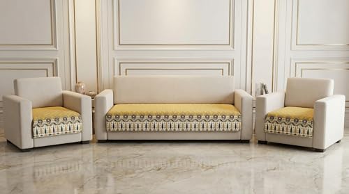 Image of Velvet Quilted Sofa Cover Mat Seat & Back, 3+1+1 Set, Total L115in H32in (3+1+1), Yellow Color,Anti Skid Backing, 6in Hanging Strap Design, Washable Soft, Style -Yellow-S311