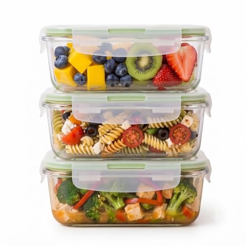 Image of Borosilicate Food Glass Containers with Air-Vent Lids, Rectangular | 410 ml Each, Set of 3 | Airtight & Leakproof | Microwave, Freezer & Dishwasher Safe for Kitchen, Fridge and Lunch