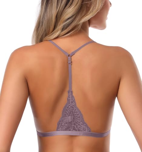 Image of SHEKINI Women's Embroidered Triangle Bra Front Closure Plunge Wireless Lightly Lined Lace Bralette Top