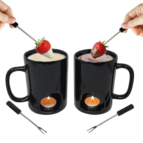 Kovot Personal Fondue Mugs Set of 2 | Ceramic Mugs for Chocolate or Cheese | Includes Forks and Tealights| Double Vented (Black)