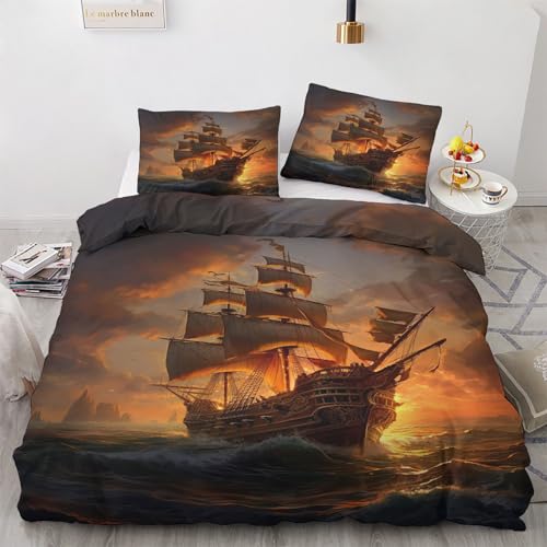 Bateau Pirate Housse de Couette 140x200 - Parure de Lit 1 Personne Coucher de Soleil - Ensemble de Literie en Microfibre Douce avec Fermeture éclair, 1 Taies...