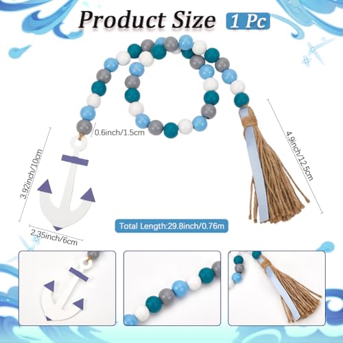 CRASPIRE Blue Wooden Bead Garland Wood Beads Strands Summer Sea Ocean Themed Ship Farmhouse Rustic Beads Hanging Pendant Ornament with Jute Rope Tassel for Tiered Tray Wall Party Home Room Decors
