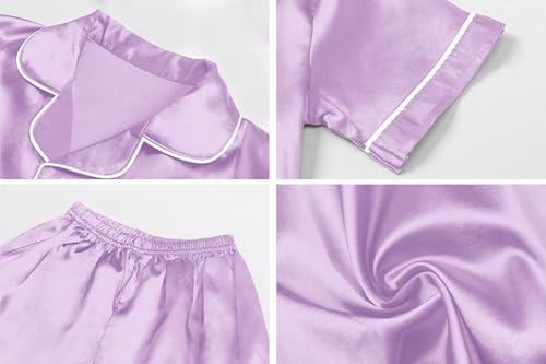 Image of Schbbbta Women Pajamas Set, 2 Pieces Satin Silk Button Down Pjs Short Sleeve Outfits Loungewear