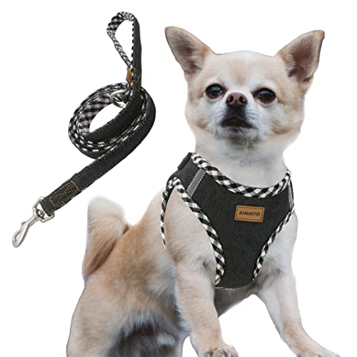 Aiminto デニム犬用ハーネス&リードセット、通気性の高いメッシュ素材、軽量、ハーネス胸元に反射材付き - 猫や超小型犬用 (ハーネスとリードをセット(ブラック), XXS胴範囲28-32cm)