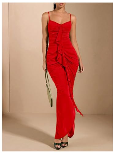 Image of Floerns Women's Ruffle Ruched Cami Dress Draped Split Elegant Bodycon Maxi Dresses
