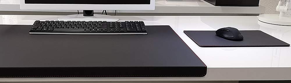 Hoekige bureauonderlegger met randbescherming muismat echt leer zwart met grijze naad 60 x 38 cm echt nappaleder glad