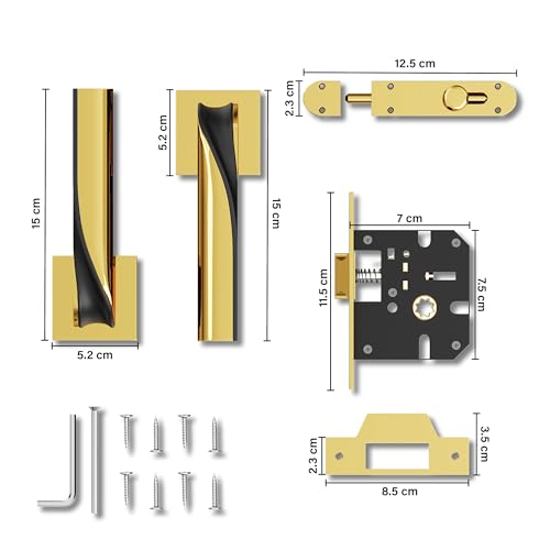 Image of GLOXY Premium Bathroom Door Lock - Heavy Duty Mortise Door Lock with Keyless Plate Handle Set for Home with Brass Baby Latch - Gold & Black Finish Bathroom Lock for Door with 2 Years Warranty
