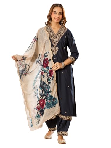 Image of INDO ERA Women's Rayon Viscose Rayon Embroidered Straight Kurta & Salwar with Dupatta Set