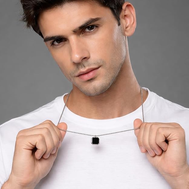 Image of Men's Jewellery Black Chain For Men Boys Geometric Stainless Steel Black Locket Pendant with 3D Chain combo pack of 2pcs gifts