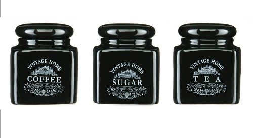 TEA COFFEE SUGAR CANISTERS BLACK CERAMIC TEXT TEA COFFEE SUGAR JAR STORAGE SET