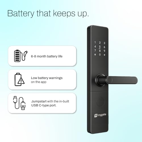 Image of Mygate Smart Door Lock Plus (2026 Model) with 6-Way Unlock | Fingerprint, PIN, Mobile App, RFID Card, Manual Keys | Remote Unlocking via OTP | for Main Wooden Doors |3-Year Warranty by Mygate