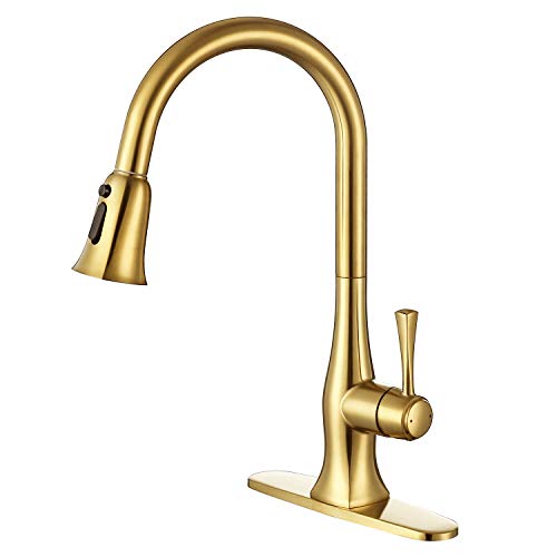 Brushed Gold Brass Kitchen Faucets with Pull Down Sprayer,Single Handle High Arc Brass Kitchen Bar Sink Faucet with Pull Out Sprayer, Single Hole and 3 Hole Deck Mounted with Deck Plat