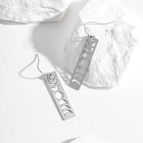 Moon Phase Earrings for Women, Silver Boho Earrings, Lunar Cycle Witchy Earrings, Scandinavian Flower Long Bar Earrings4