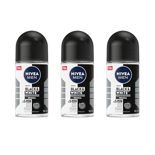 NIVEA MEN Black & White Invisible Original Anti-Perspirant Roll-On Deodorant 50ml | Men's Roll-On Deodorant | 72-Hour Sweat & Odour Protection | Anti-Staining Technology Protects Clothing (Pack of 3)