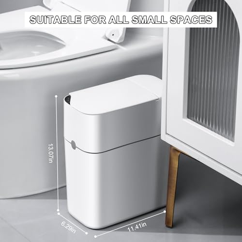 Image of MOPUP Bathroom Trash Can, Automatic Bagging Garbage Can, 3.5 Gallon Slim Smart Small Plastic Trash Bin, Narrow Motion Sensor Trash Can for Bedroom, Office White