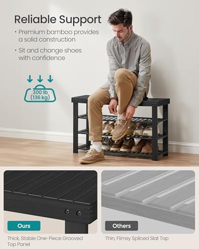 Image of SONGMICS Shoe Rack Bench, 4 Tier Bamboo Shoe Storage Organizer, Entryway Bench, for Living Room, Bathroom, Bedroom, 11.3 x 35.2 x 20.5 Inches, Ink Black ULBS390BH01