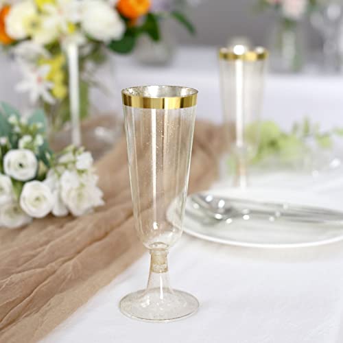 Tableclothsfactory 12 Pack | 6oz Gold Rim Glittered Plastic Champagne Glasses, Disposable Flutes with Detachable Base