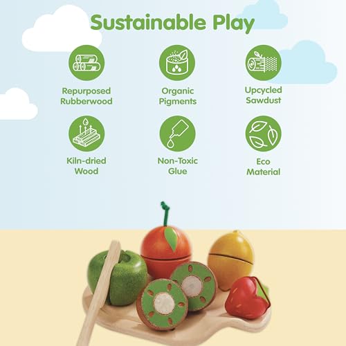 Image of PlanToys 7 Piece Assorted Fruit Kitchen Food Playset (3600) | Sustainably Made from Rubberwood and Non-Toxic Paints and Dyes