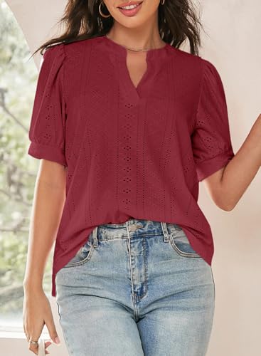 Image of Dokotoo Womens Blouses V Neck Puff Short Sleeve Business Casual Tops