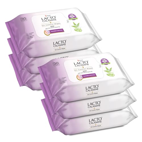 Image of Lacto Calamine Oil Control Face Wipes 30N each- Pack of 6 | Makeup Remover Wipes | Wet Tissue for Face With Neem, Aloe Vera & Niacinamide | Wet Wipes for Women & Men | Pararben & Alcohol Free