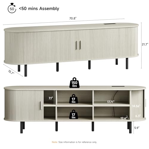 Image of ONBRILL 70.8 inch TV Stand with Power Outlet for TVs up to 75 Inch, Entertainment Center with Storage and Adjustable Shelves, Modern Media Console with Sliding Doors for Living Room, Natural White