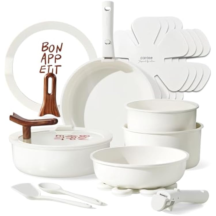 CAROTE 18Pcs Ceramic Cookware Set with Detachable Handle, Pots and Pans Set Non Stick, Non Toxic Kitchen Cooking Sets with Stand-Up Lid, PFAS and PFOA Free, Oven Safe, Induction Ready, Cream White