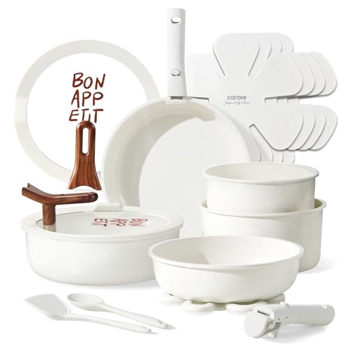 Image of CAROTE 18Pcs Ceramic Cookware Set with Detachable Handle, Pots and Pans Set Non Stick, Non Toxic Kitchen Cooking Sets with Stand-Up Lid, PFAS and PFOA Free, Oven Safe, Induction Ready, Cream White