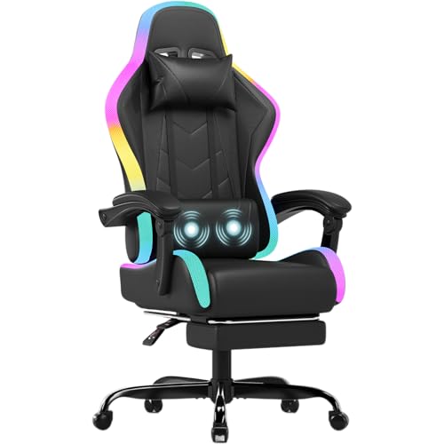 JUMMICO Gaming Stuhl mit LED, Gamingstuhl Im Rennsportdesign mit ausziehbarer Fußstütze, Ergonomischer Gamer Stuhl mit Massagefunktion, Belastbarkeit 150 kg, schwarz