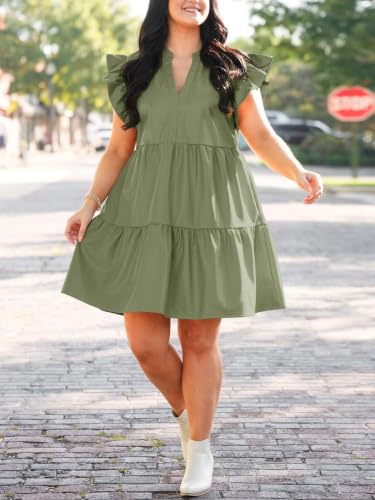 Image of Fisoew Plus Size Dresses for Women Summer Ruffle Short Sleeve V Neck Dress