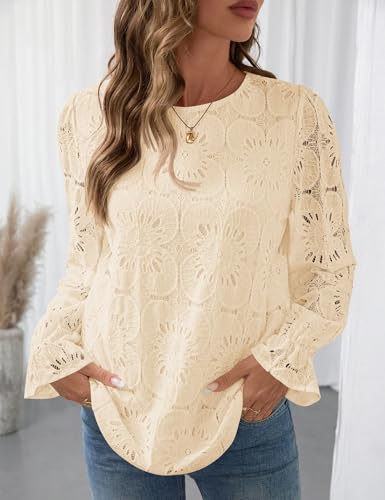 LOMON Lace Long Sleeve Tops for Women Fashion 2025 Eyelet Blouses Dressy Casual Crewneck Embroidered Shirts with Lining3