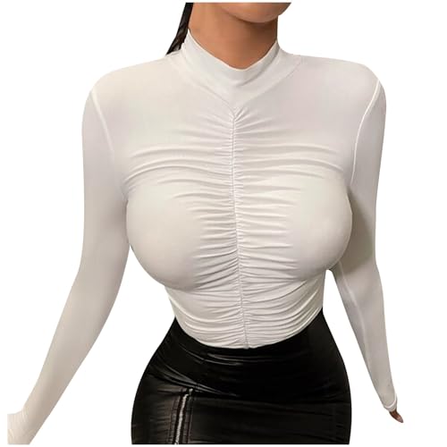 Going Out Tops for Women 2024 Fall Long Sleeve Ruched Tops Mock Neck Trendy Teen Girls Y2k Shirts Slim Fitted Blouses