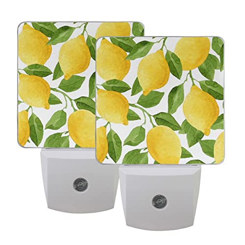ALAZA 2 Pack Lemon Fruit Leaves Watercolor LED Night Light Dusk to Dawn Sensor Plug in Night Home Decor Desk Lamp for Adult